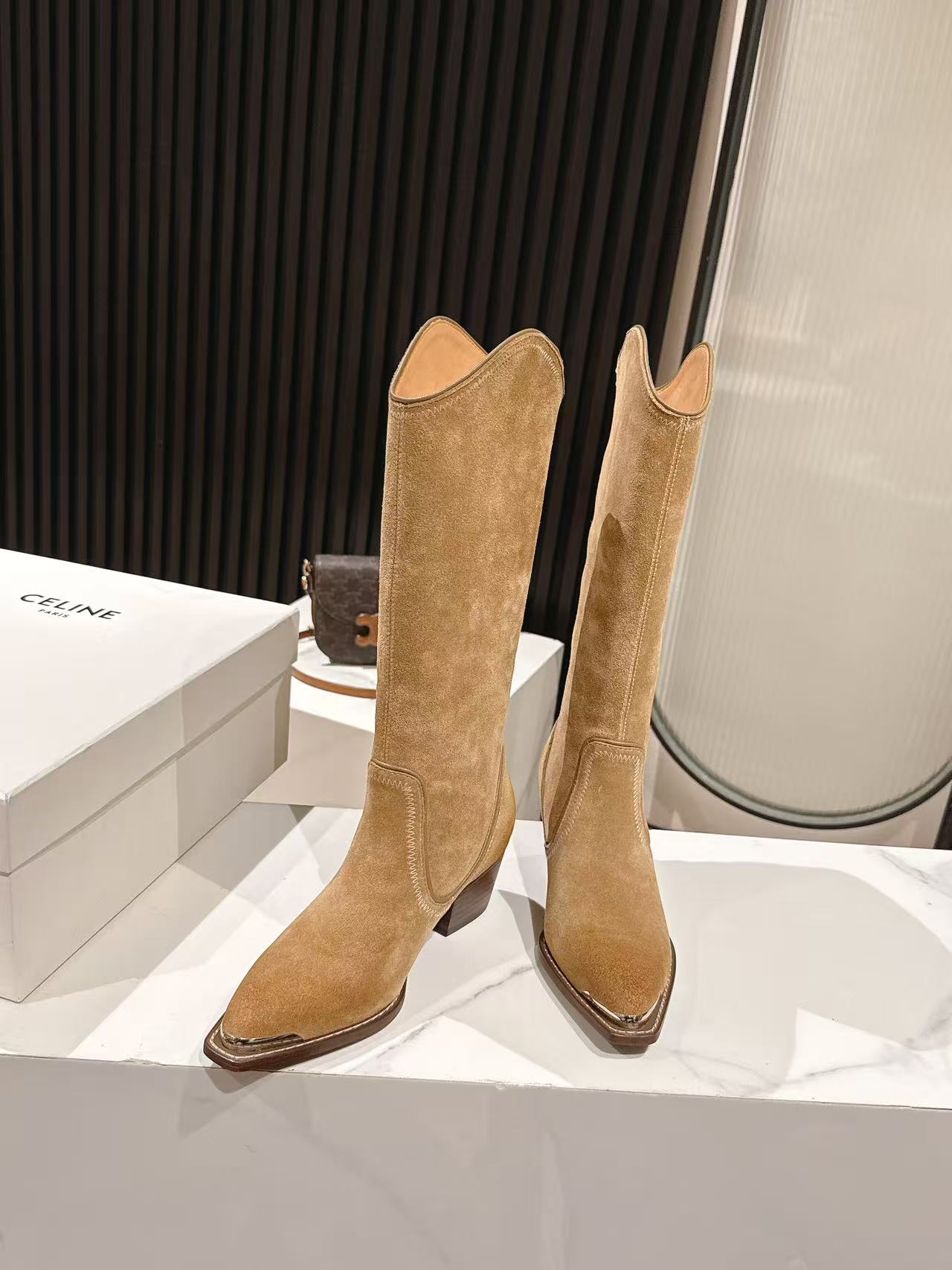 CELINE 25S HIGH BOOTS FOR FALL AND WINTER 45MM IN LIGHT BROWN SUEDE - 35