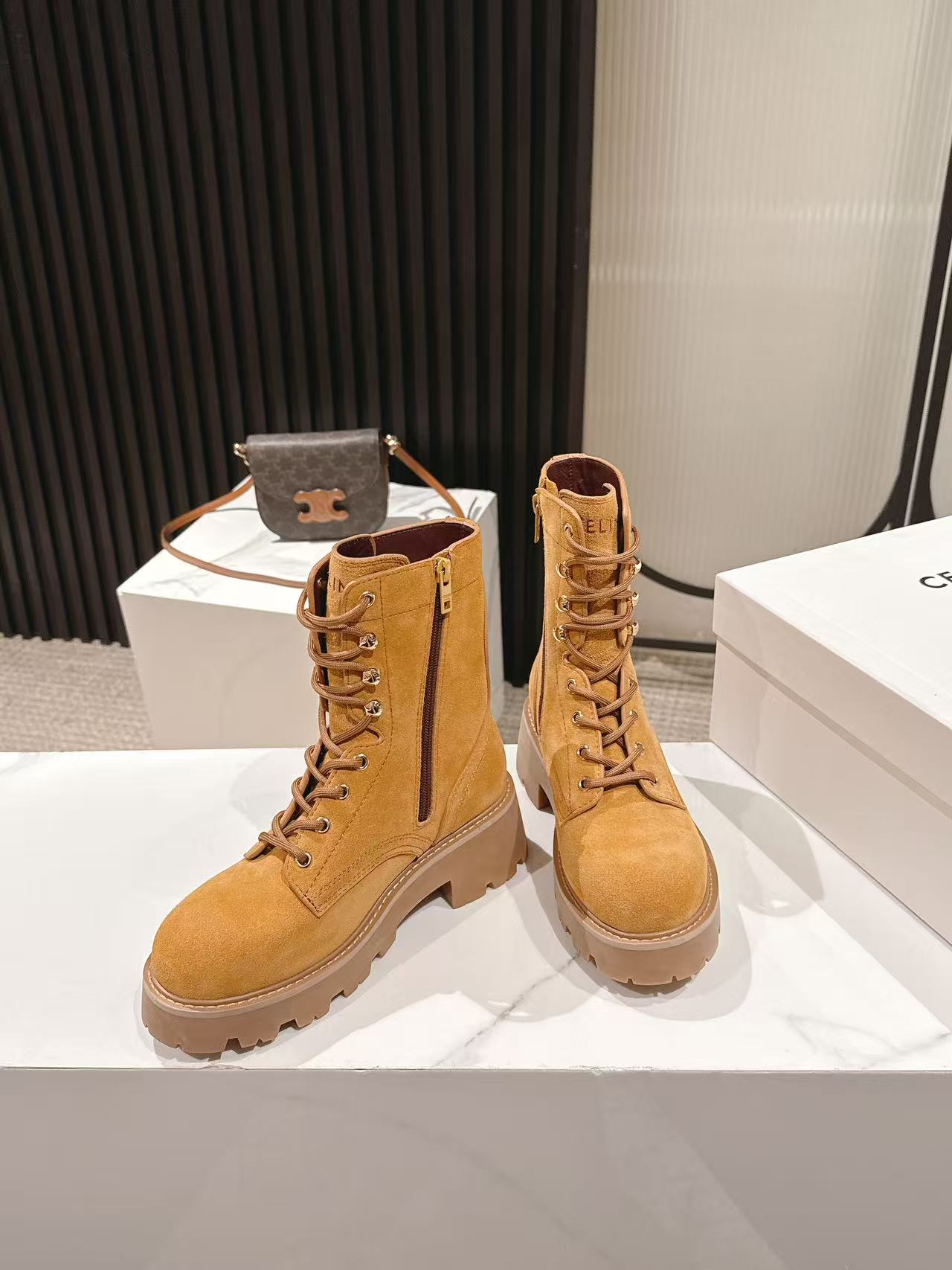 CELINE 25S HIGH HEELED LACE UP BOOTS 50MM IN DARK ORANGE SUEDE - 35