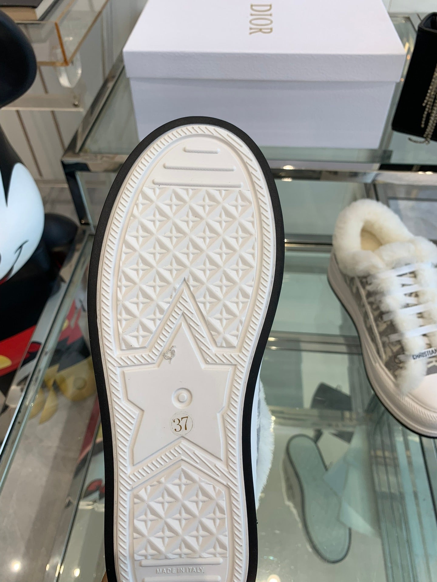 ALK'N PLATFORM SNEAKER PALE GRAY COTTON EMBROIDERED WITH OBLIQUE MOTIF AND WHITE SHEARLING - 35