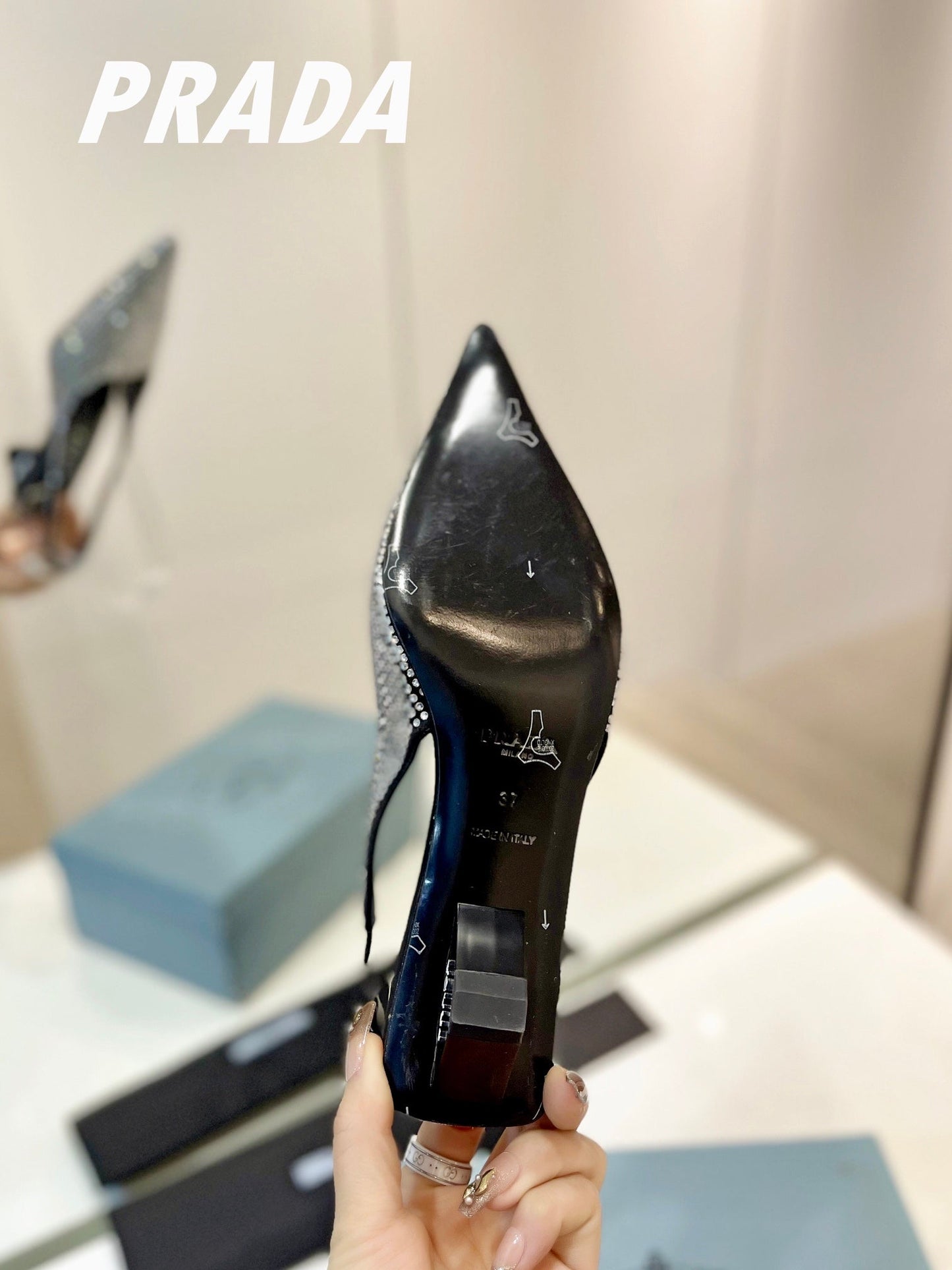 PRA SLINGBACK PUMPS BLACK SATIN WITH WHITE CRYSTALS - 34