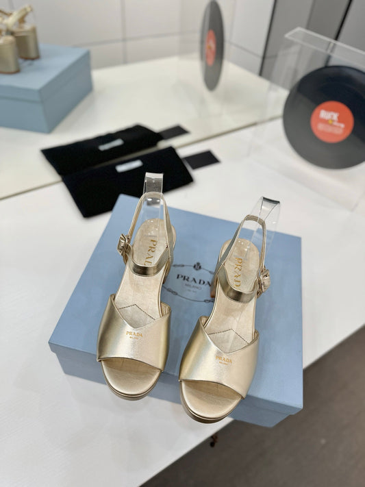 БОСОНІЖКИ PRADA 26S НА ПІДБОРАХ 70 ММ ІЗ ЗОЛОТОЇ ТЕЛЯЧОЇ ШКІРИ