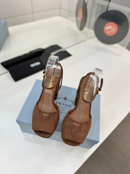 БОСОНІЖКИ PRADA 26S НА ПІДБОРАХ 115 ММ З ТЕМНО-КОРИЧНЕВОЇ ЗАМШІ