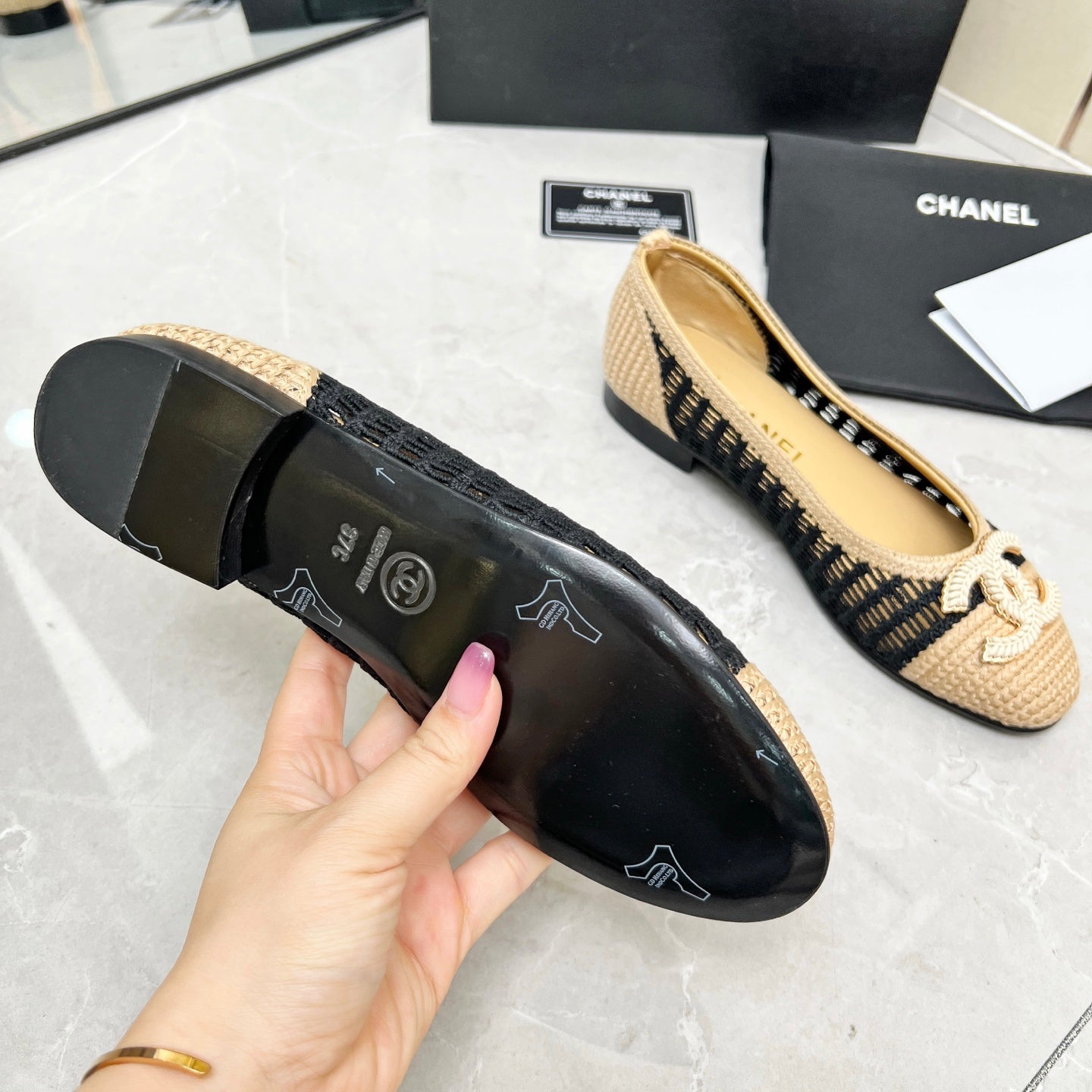 BALLET FLAT 10 MM IN BLACK MIX BEIGE RAFFIA - 35