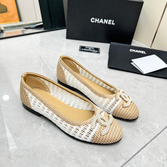 BALLET FLAT 10 MM IN WHITE MIX BEIGE RAFFIA - 35