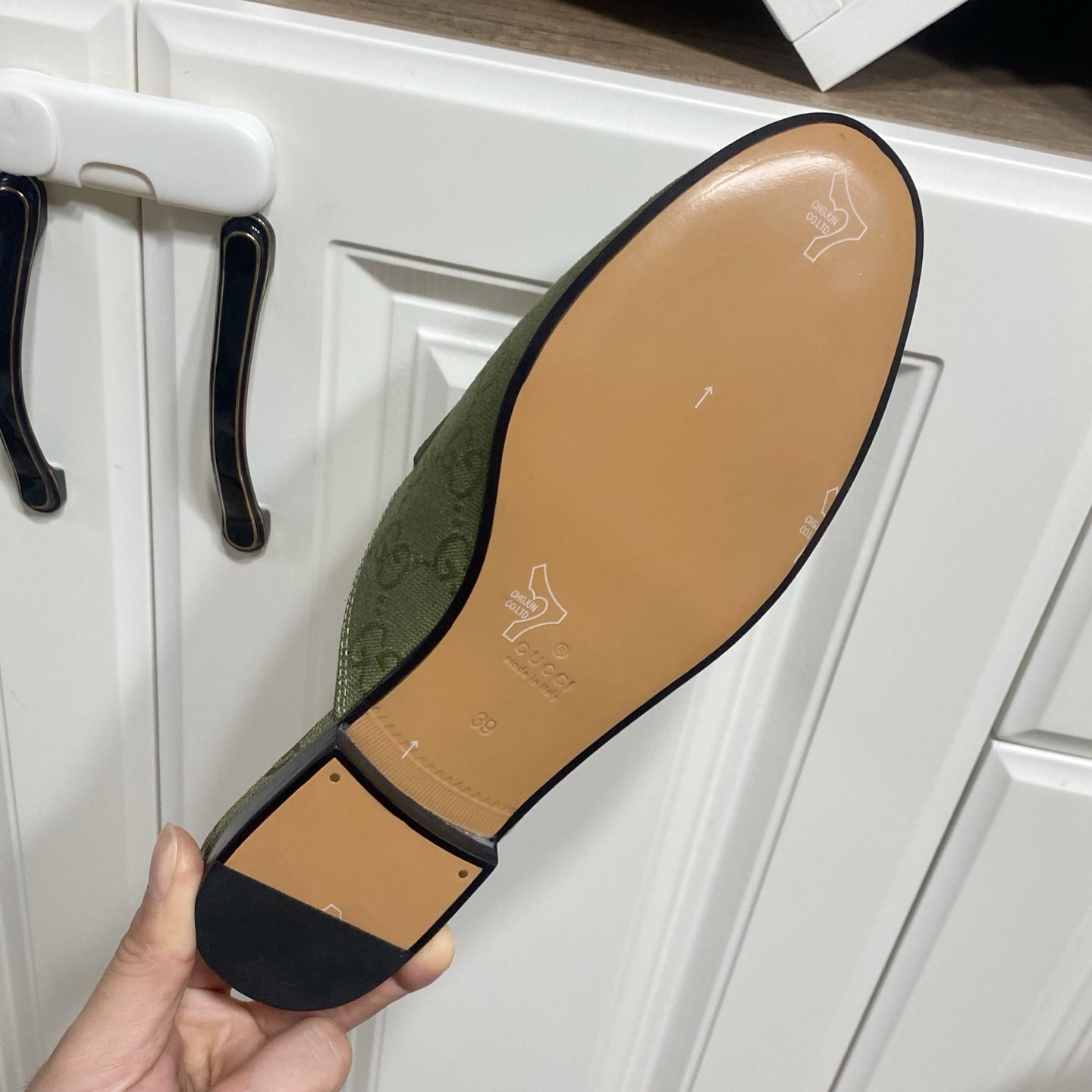 GG MULES IN MOSS GREEN FABRIC GOLD HARD WARE - 35