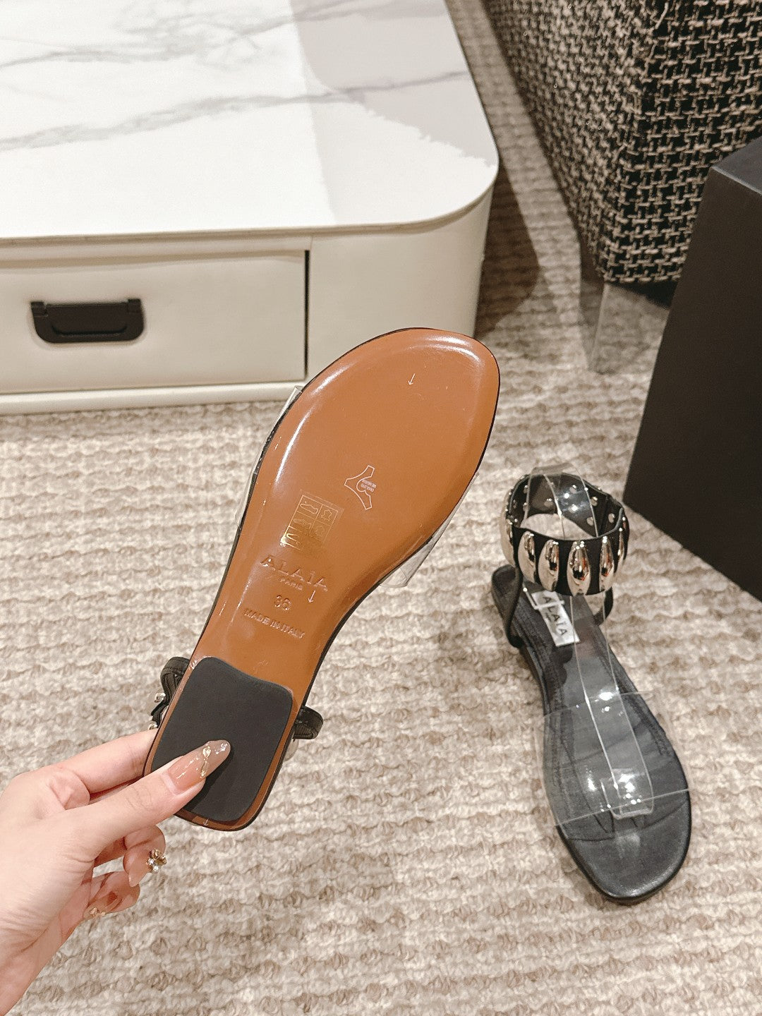 ALAIA SANDAL IN BLACK CALFSKN AND FILM WITH CRYSTAL - 35