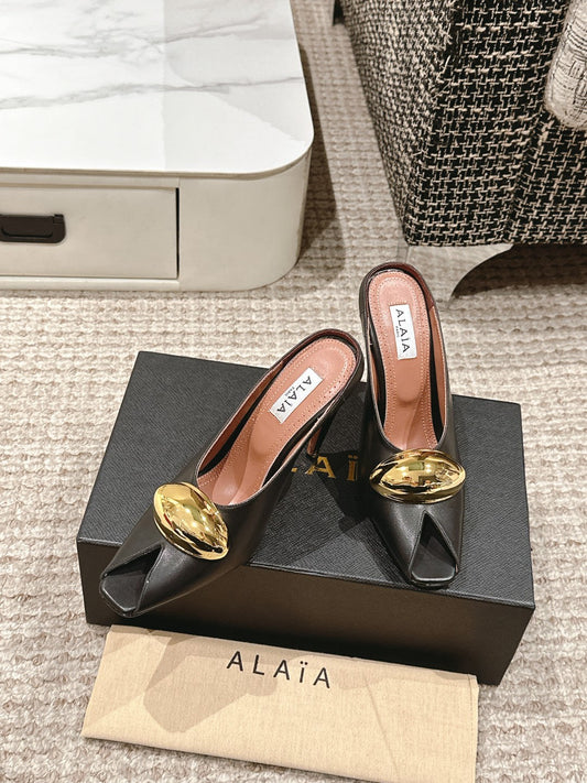 ALAIA SPIKE JEWEL MULES IN BLACK CALFSKIN WITH GOLD HARDWARE - 35