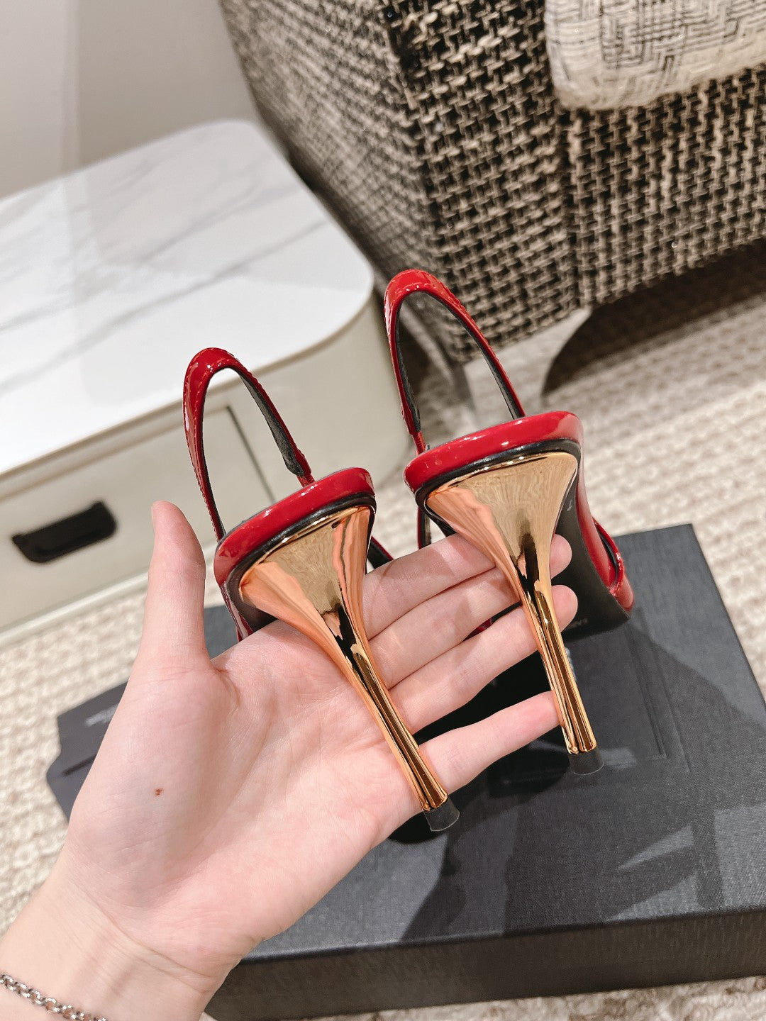 DUNE HIGH 10 CM SLINGBACK PUMPS IN RUBY RED PATENT LEATHER WITH CRYSTAL - 35