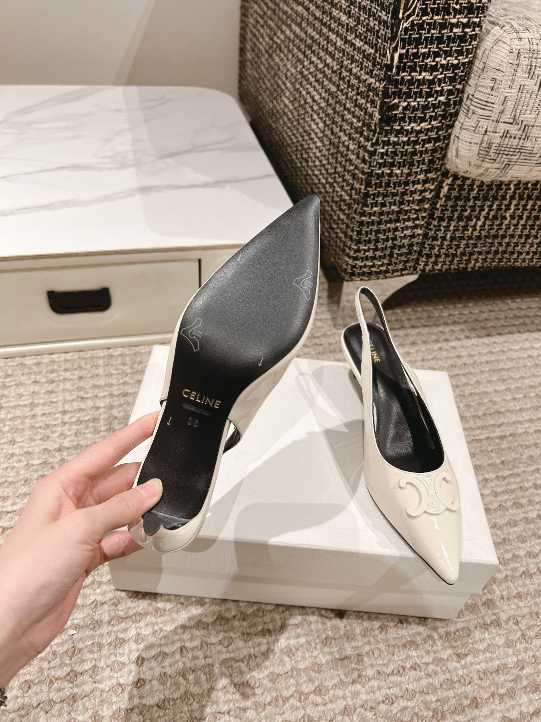 HIGH SLINGBACKS 5 CM IN WHITE PATENT CALFSKIN - 35