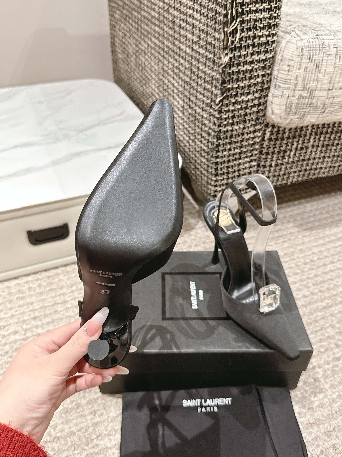 AIMÉE HIGH 75 MM SLINGBACK PUMPS IN BLACK SATIN WITH CRYSTAL - 35