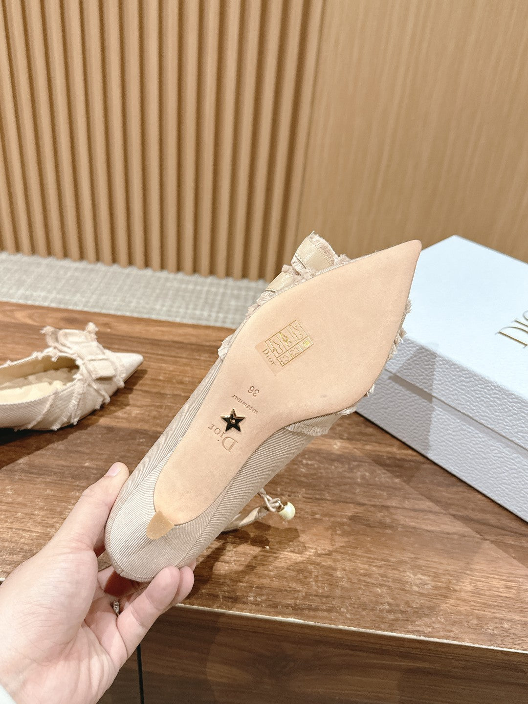 DIOR ADIORABLE HIGH HEEL 25S IN LIGHT BEIGE FABRIC WITH PEARL DETAILING - 35