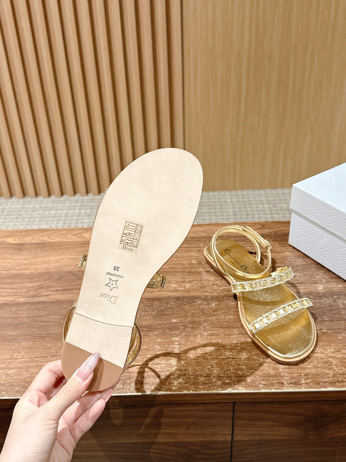 DIOR TWO-STRAP RHINESTONE SANDALS IN GOLD LAMBSKIN - 35