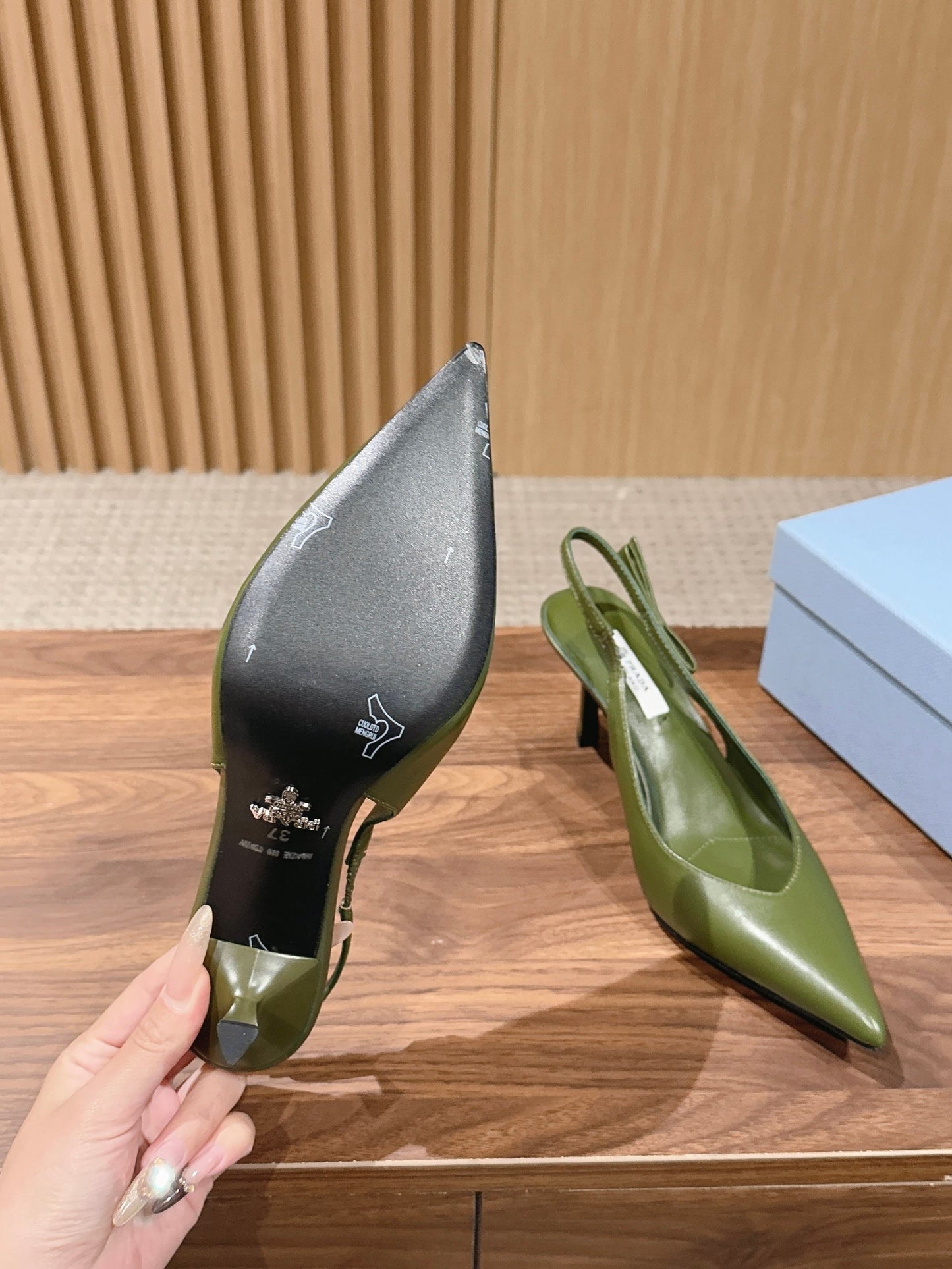 PRADA 26S SLINGBACK PUMPS IN OLIVE GREEN CALFSKIN