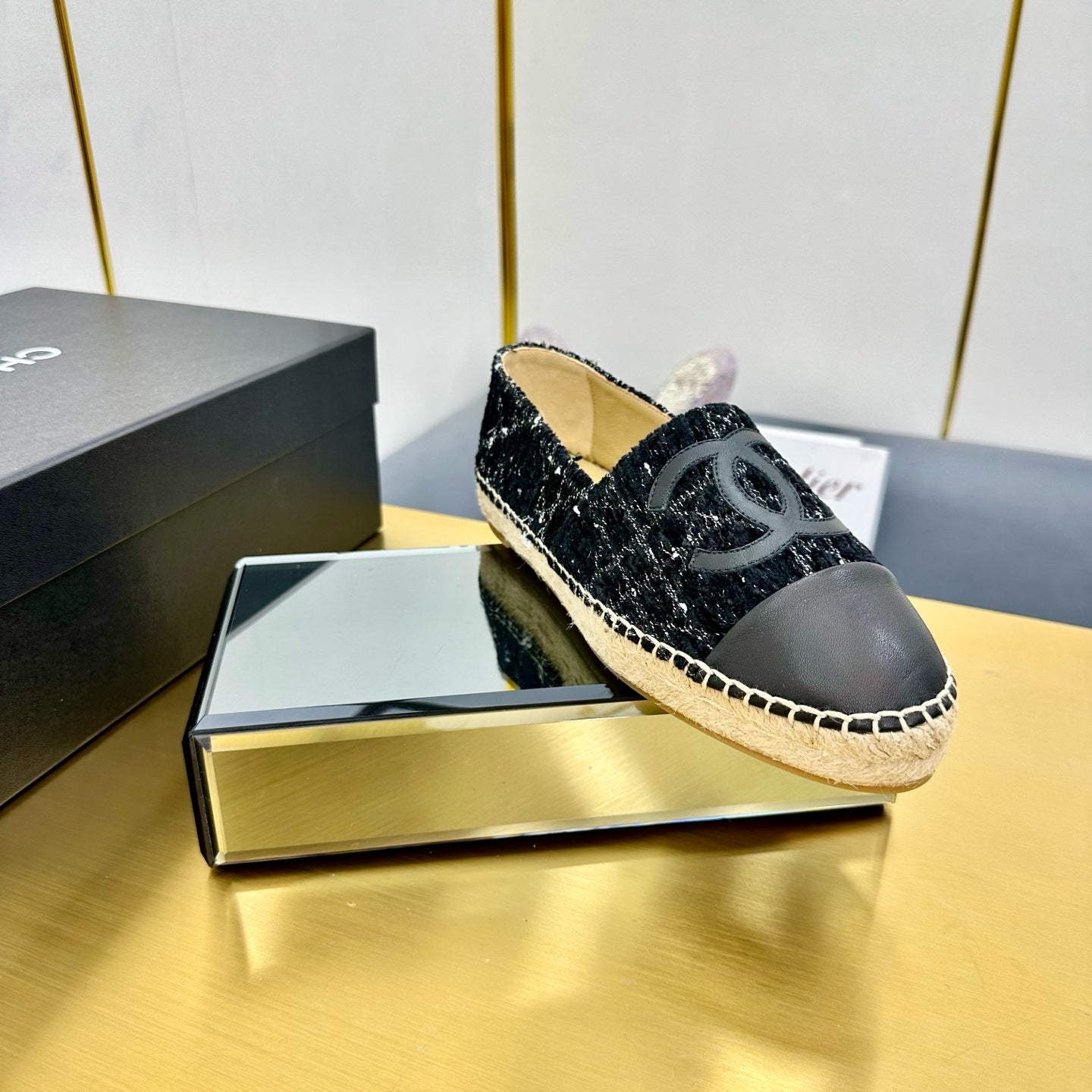 CC ESPADRILLES PLATFORM 25S IN BLACK TWEED AND LAMBSKIN WITH WHITE STRIPES - 34
