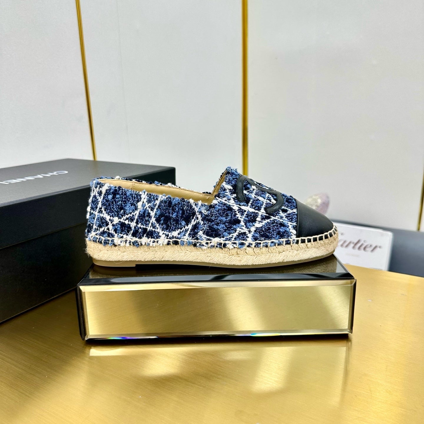 CC ESPADRILLES PLATFORM 25S IN BLUE TWEED MIX BLACK CALFSKIN - 34