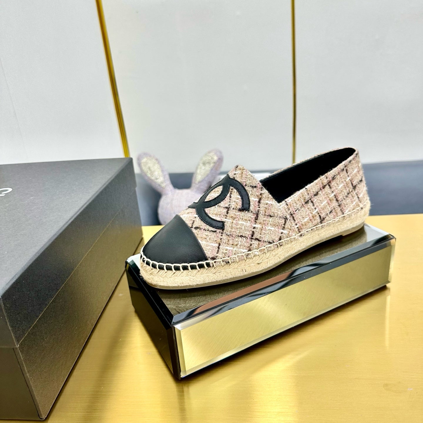 CC ESPADRILLES PLATFORM 25S IN LIGHT BEIGE TWEED MIX BLACK CALFSKIN WITH PLAID PATTERN - 34