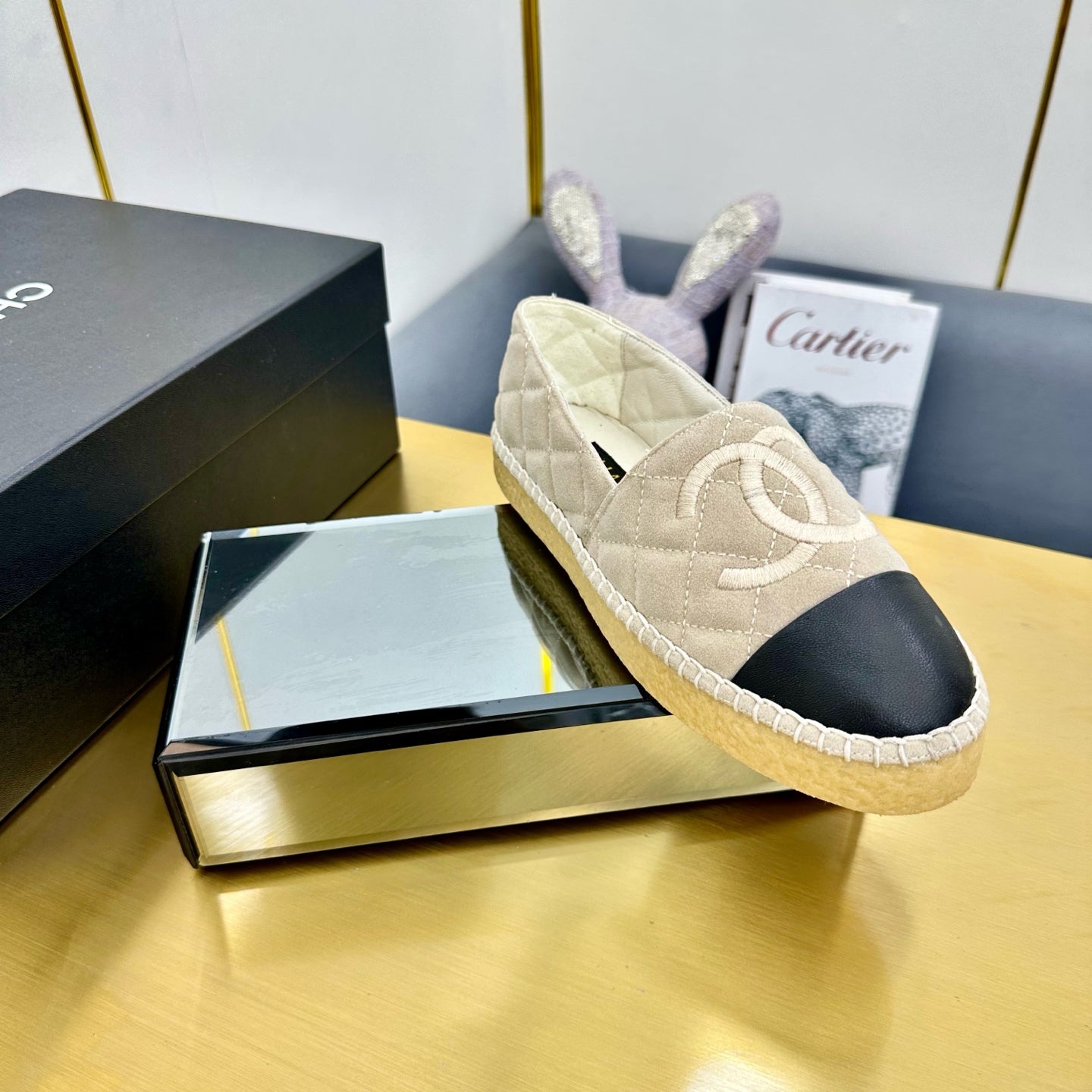 CC ESPADRILLES PLATFORM 25S IN LIGHT BEIGE SUEDE MIX BLACK CALFSKIN - 34