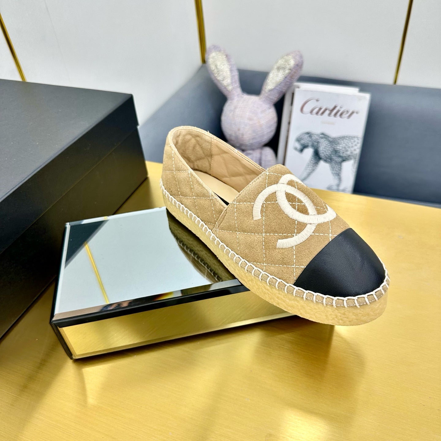 CC ESPADRILLES PLATFORM 25S IN BEIGE SUEDE MIX BLACK CALFSKIN - 34