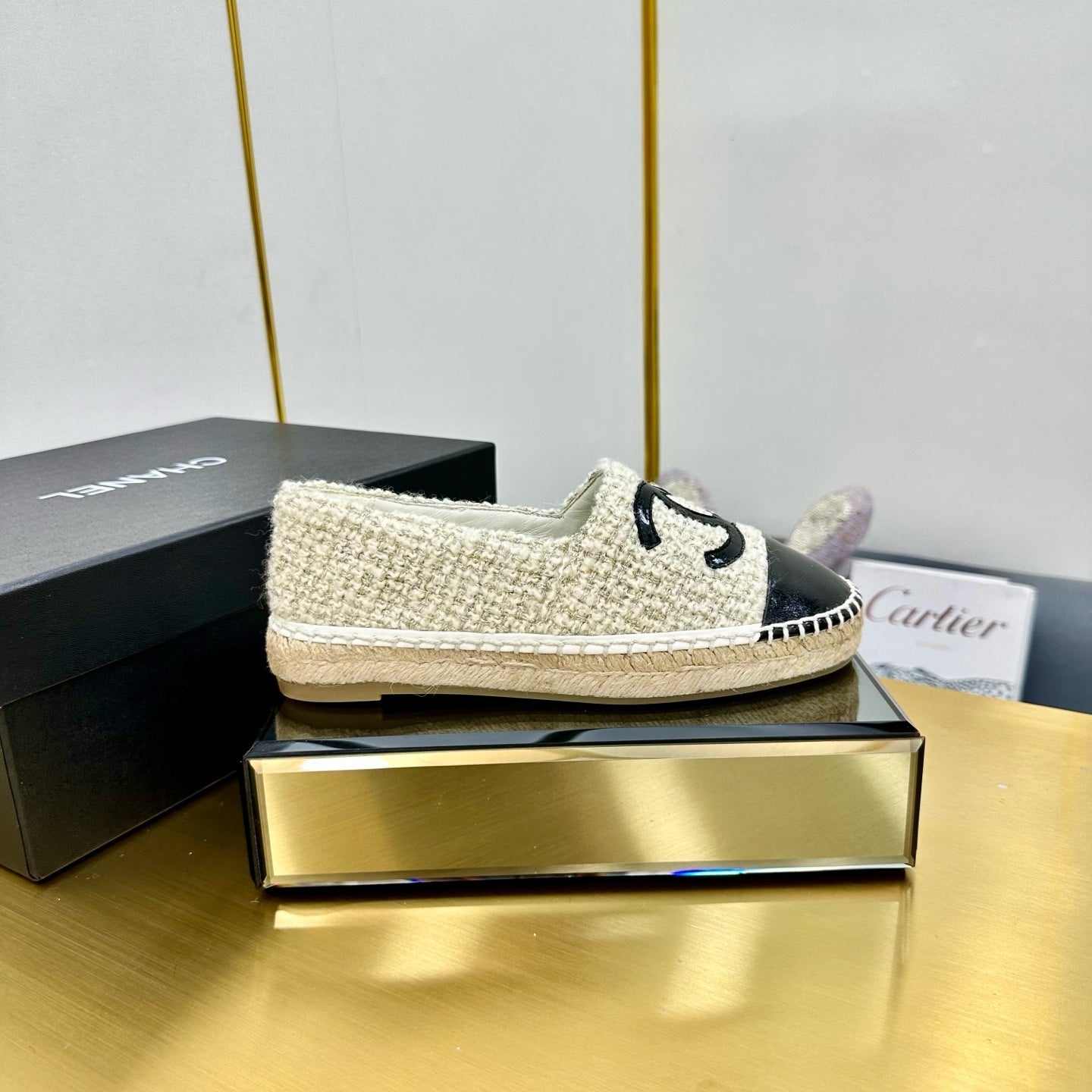 CC ESPADRILLES PLATFORM 25S IN WHITE TWEED MIX BLACK GLOSSY LEATHER - 34