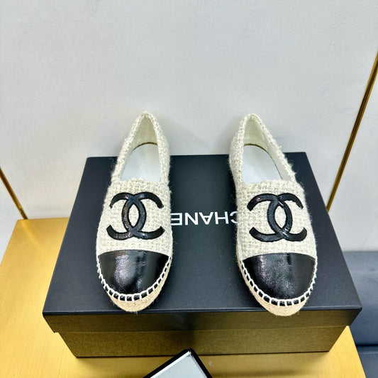 CC ESPADRILLES PLATFORM 25S IN WHITE TWEED MIX BLACK GLOSSY LEATHER - 34
