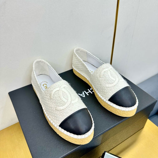 CC ESPADRILLES PLATFORM 25S IN WHITE TWEED MIX BLACK CALFSKIN - 34