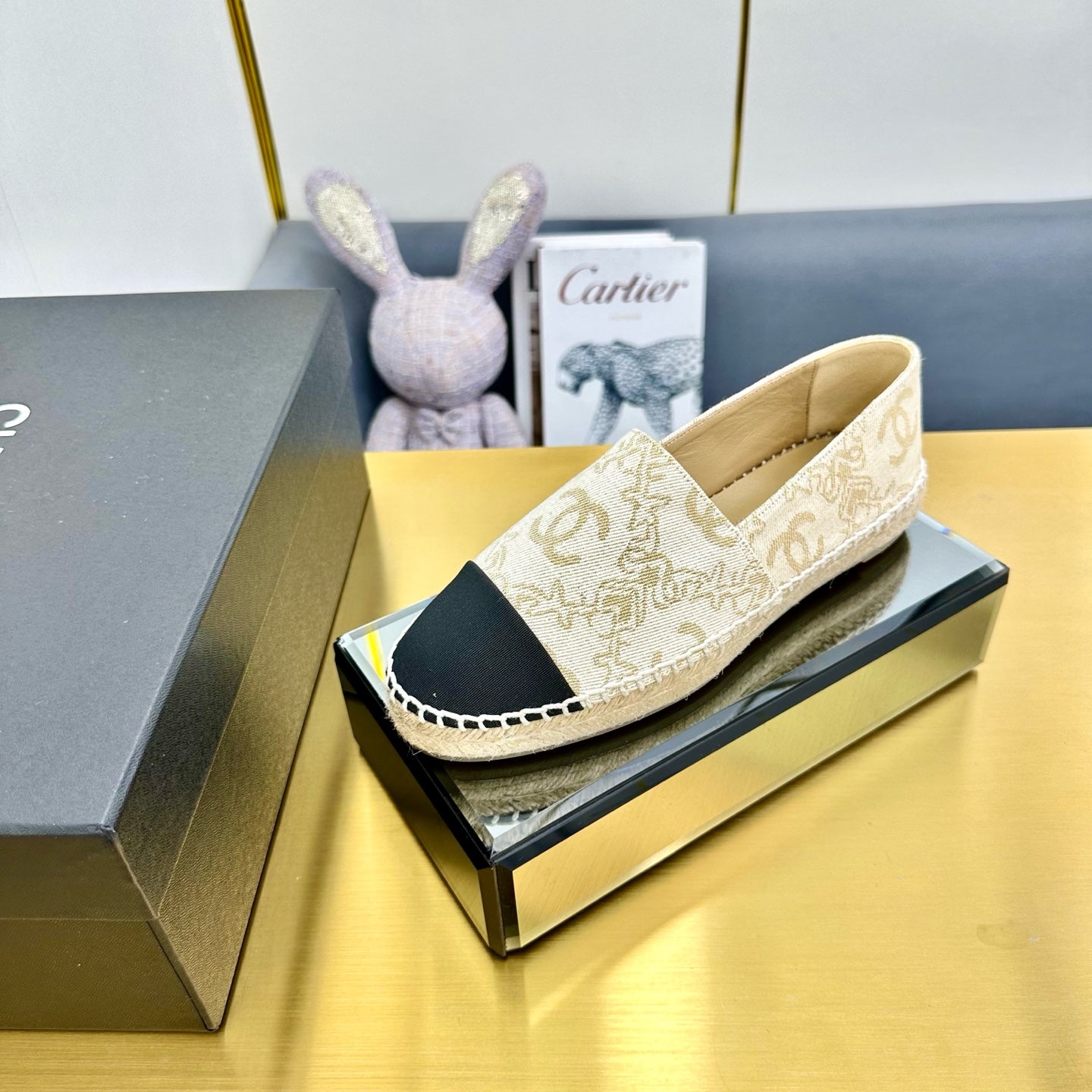 CC ESPADRILLES PLATFORM IN MOSSY BROWN MIX BLACK PATTERN FABRIC - 34