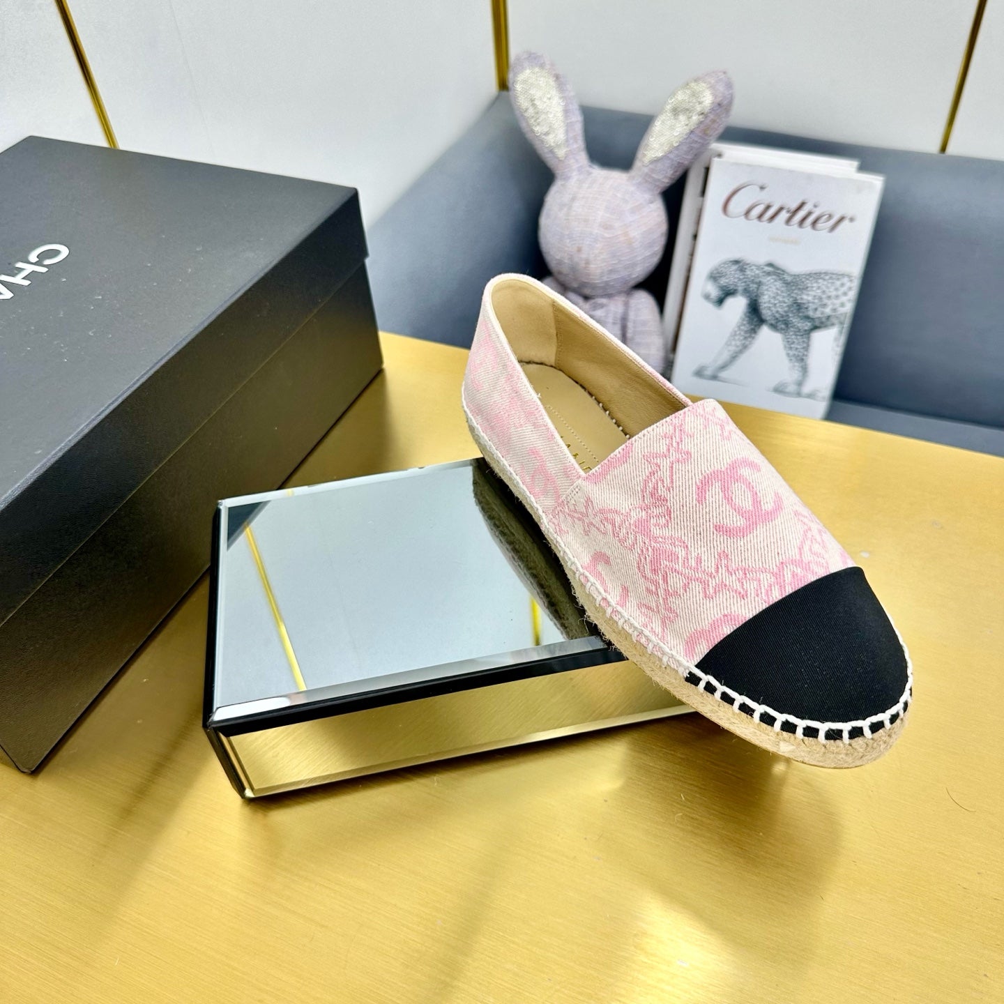 CC ESPADRILLES PLATFORM IN LIGHT PINK MIX BLACK FABRIC - 34
