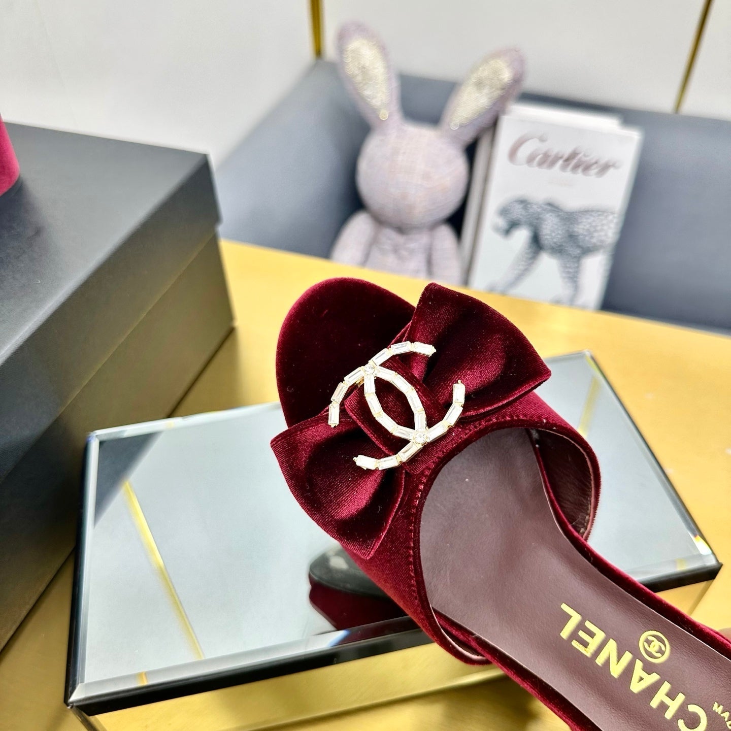 BOWKNOT RHINESTONES MID HEEL MULE IN GARNET RED VELVET - 35