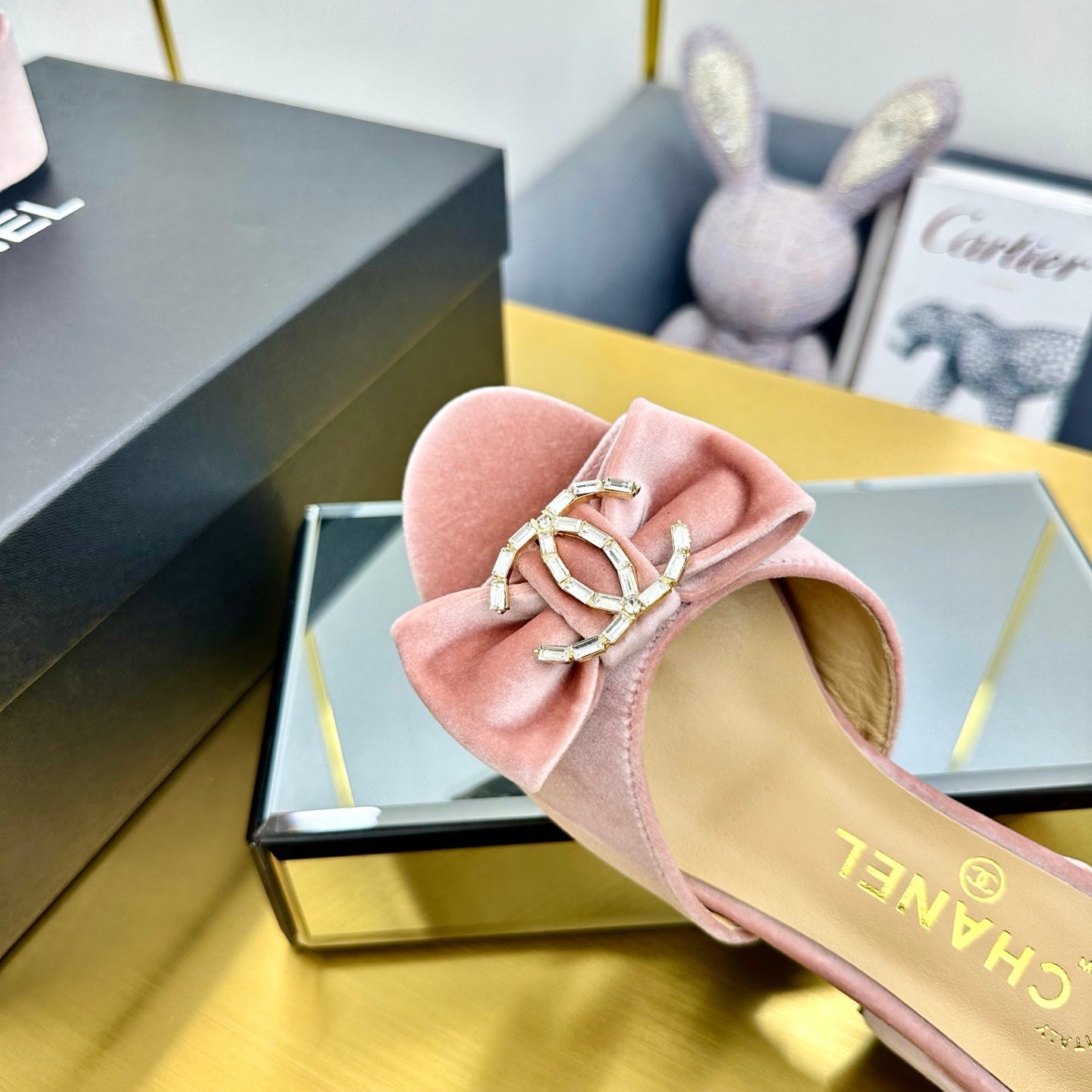BOWKNOT RHINESTONES MID HEEL MULE IN LIGHT PINK VELVET - 35