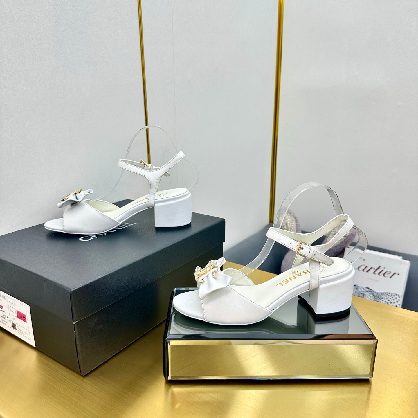 BOWKNOT RHINESTONES MID HEEL SANDAL IN WHITE LAMBSKIN - 35