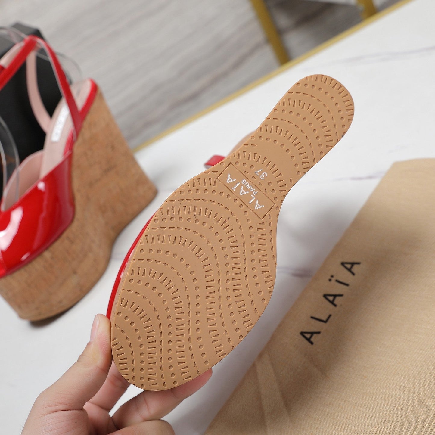 ALAIA WEDGE SANDAL IN CRIMSON RED GLOSSY CALFSKIN AND BEIGE RUBBER - 35