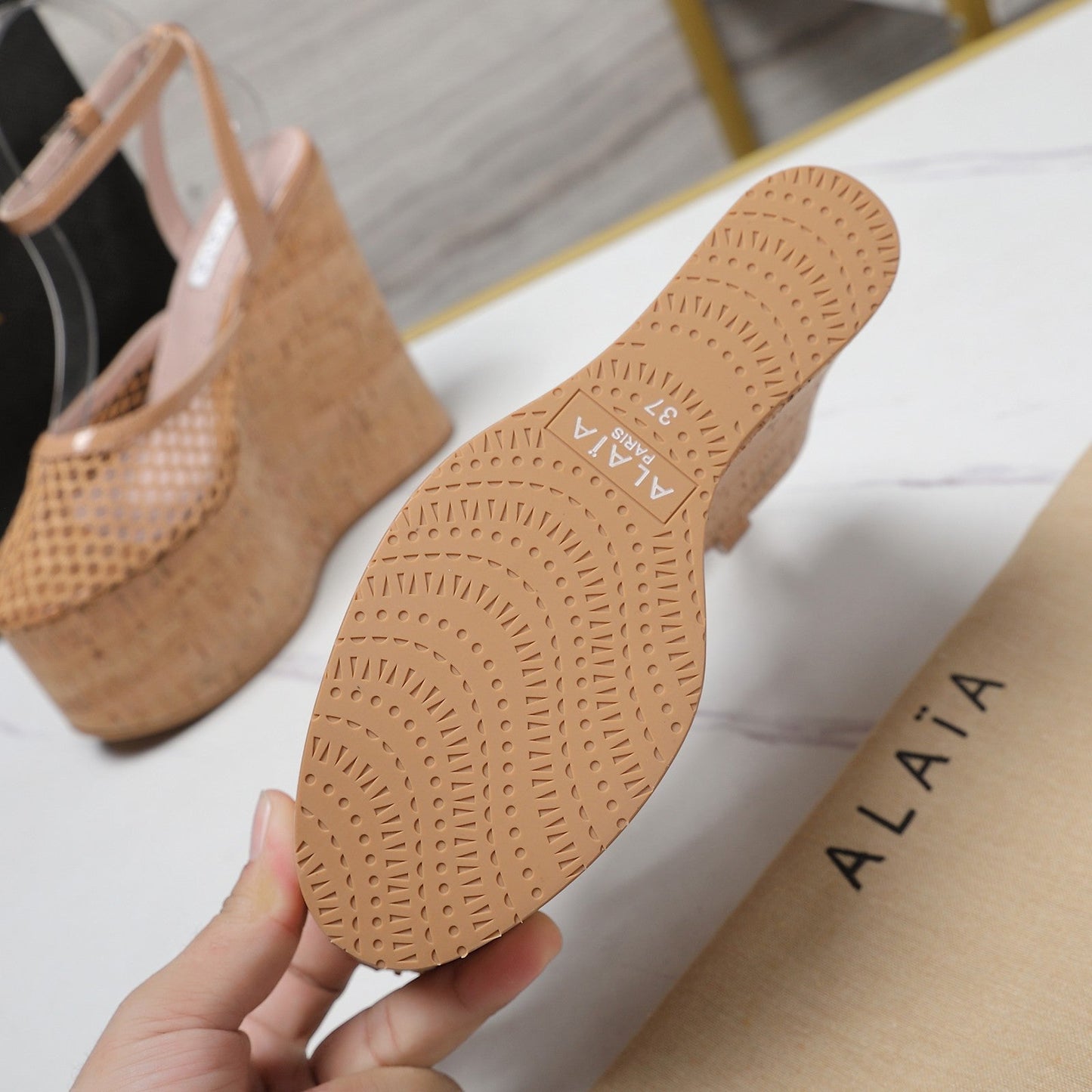 ALAIA WEDGE SANDAL IN FRENCH BEIGE MESH AND BEIGE RUBBER - 35