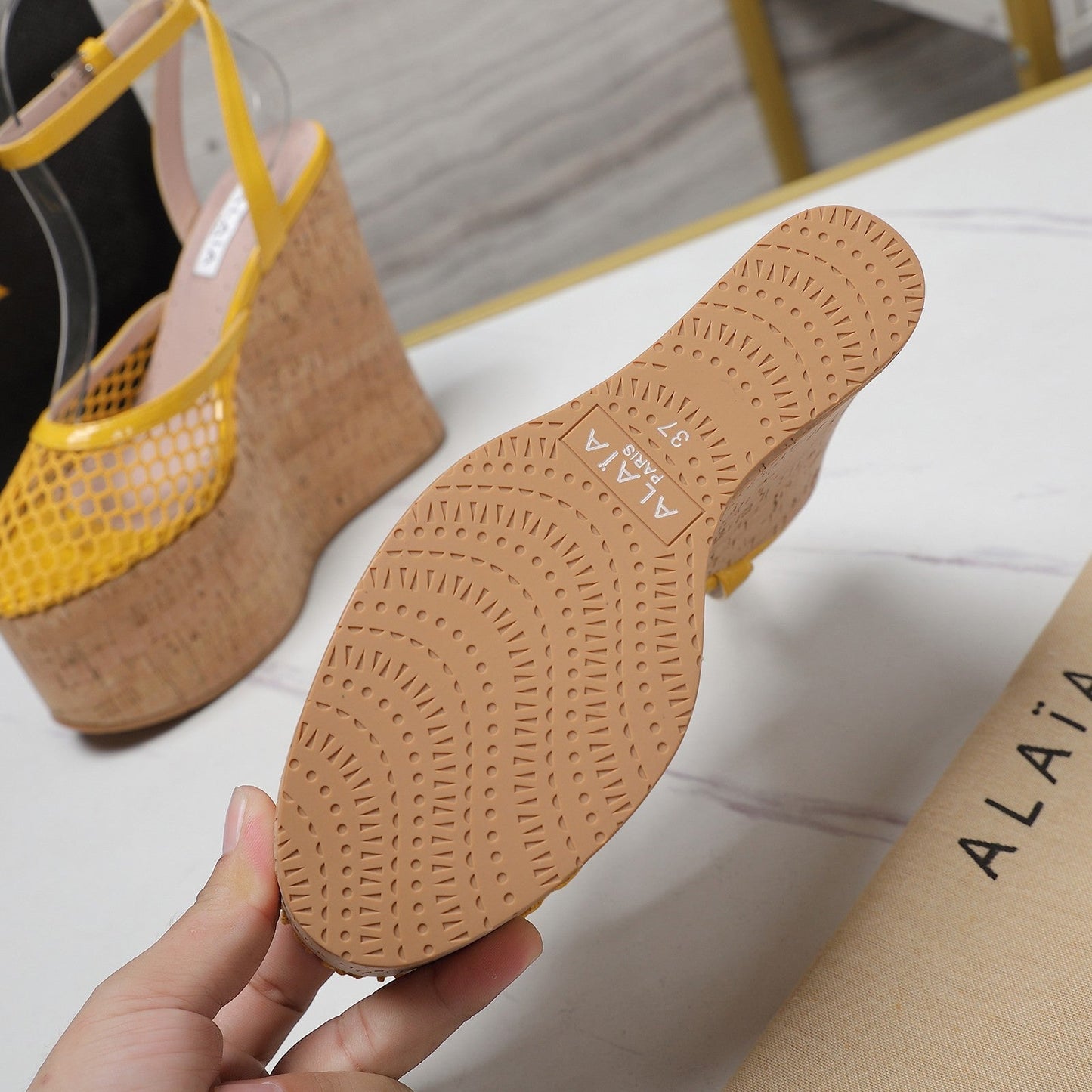 ALAIA WEDGE SANDAL IN YELLOW MESH AND BEIGE RUBBER - 35