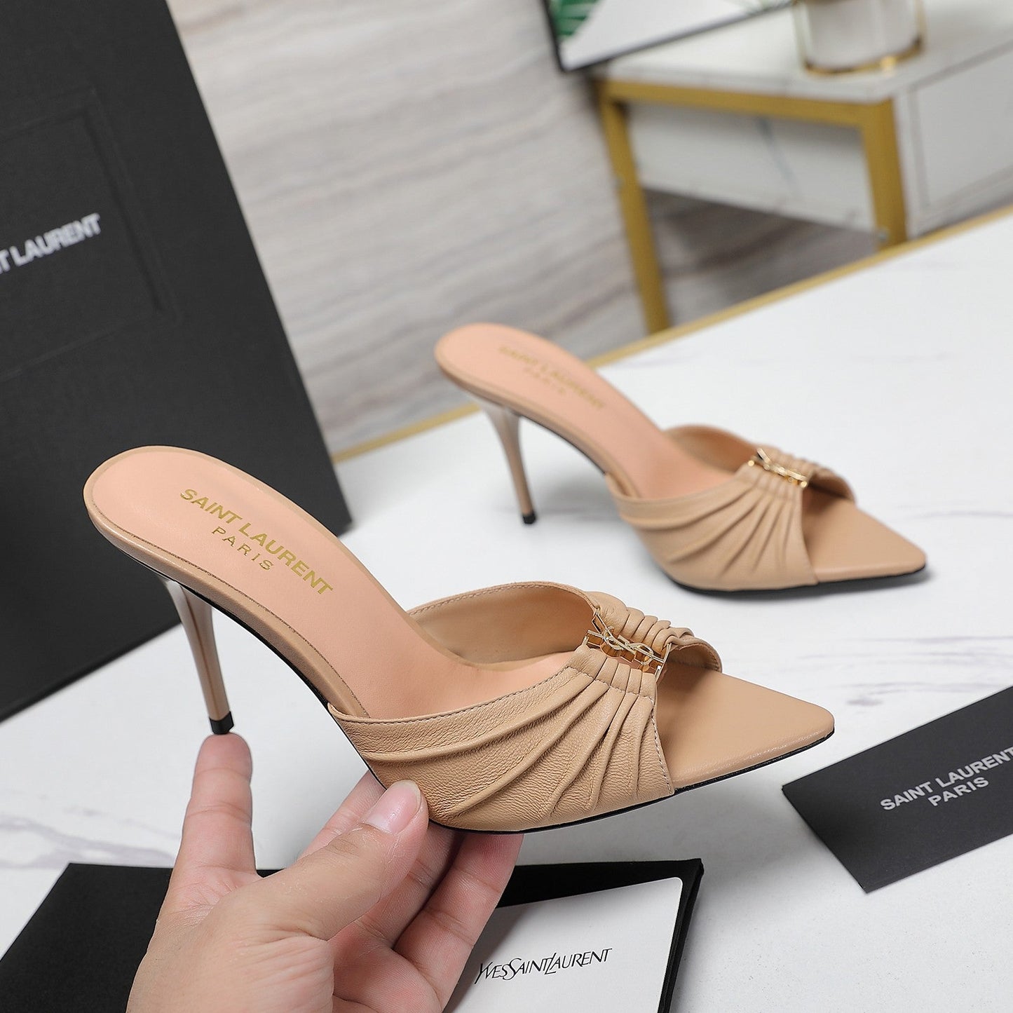 YSL HIGH HEEL 100 MM IN BEIGE CALFSKIN - 35