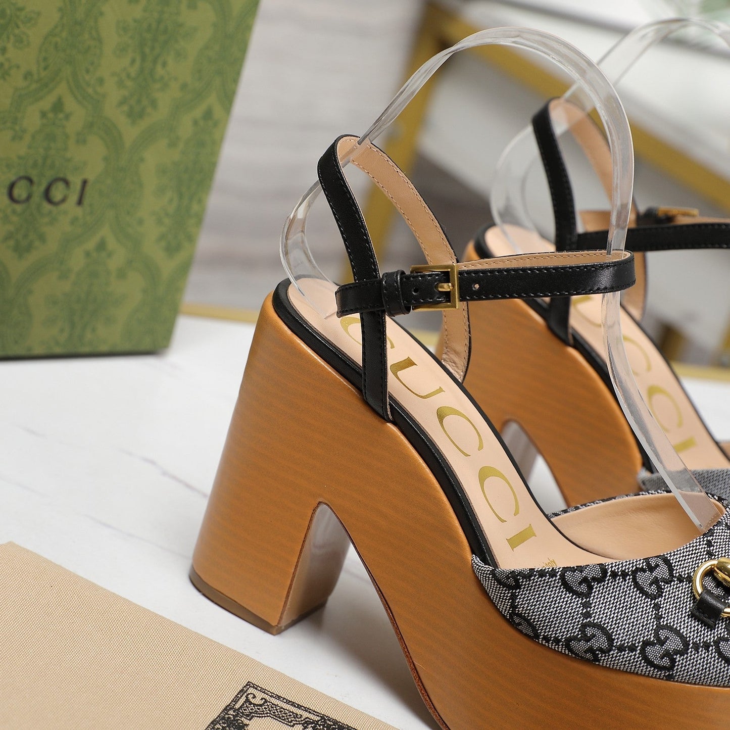 GG HORSEBIT WEDGE SANDAL IN BLACK MONOGRAM JACQUARD FABRIC AND SHEEPSKIN LINING - 35