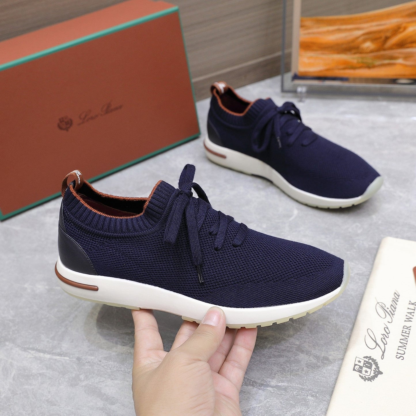 LP LADY FLEXY WALK SNEAKER NAVY BLUE AND ORANGE WOOL CALFSKIN - 35