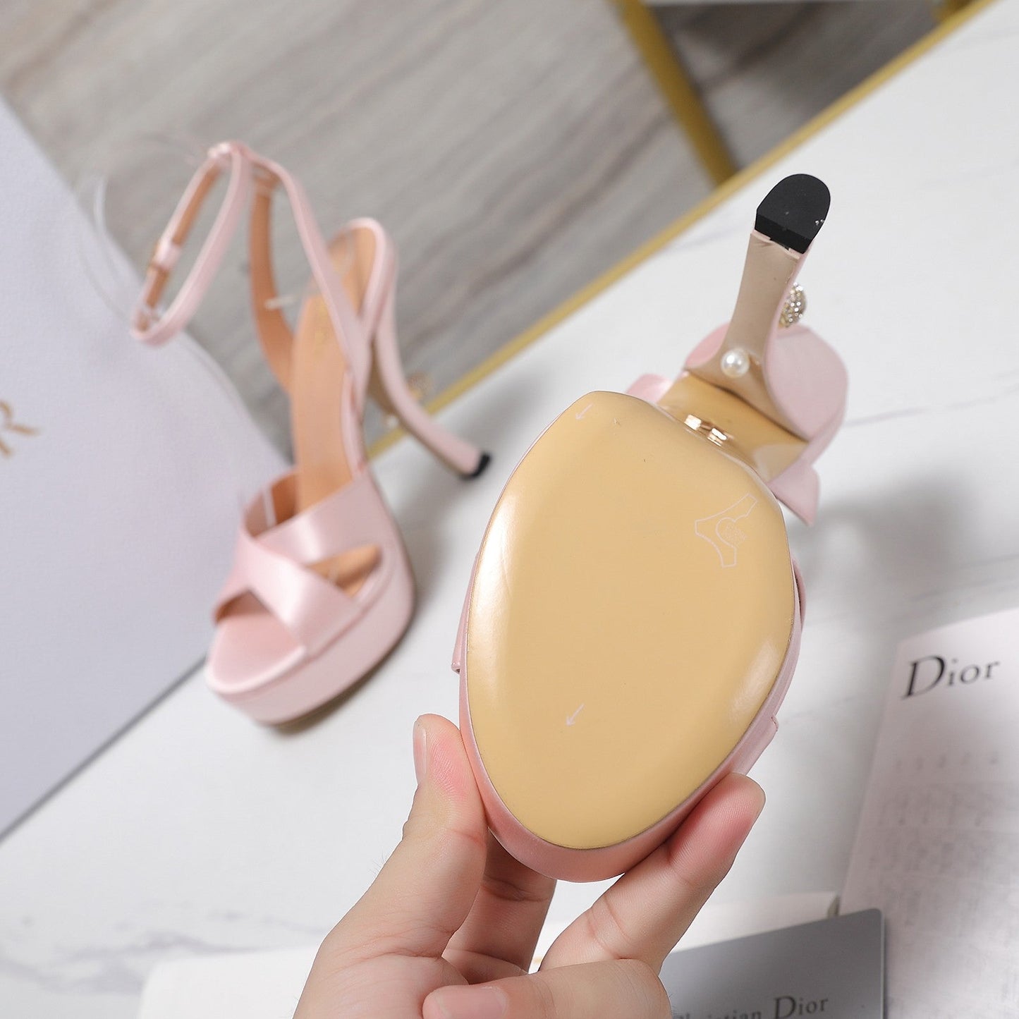 DIOR PEARL-EMBELLISHED HIGH HEEL SANDALS 25S 115 MM IN LIGHT PINK SATIN - 34