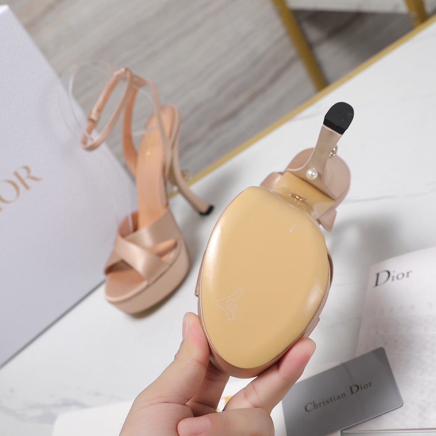 DIOR PEARL-EMBELLISHED HIGH HEEL SANDALS 25S 115 MM IN BEIGE SATIN - 34