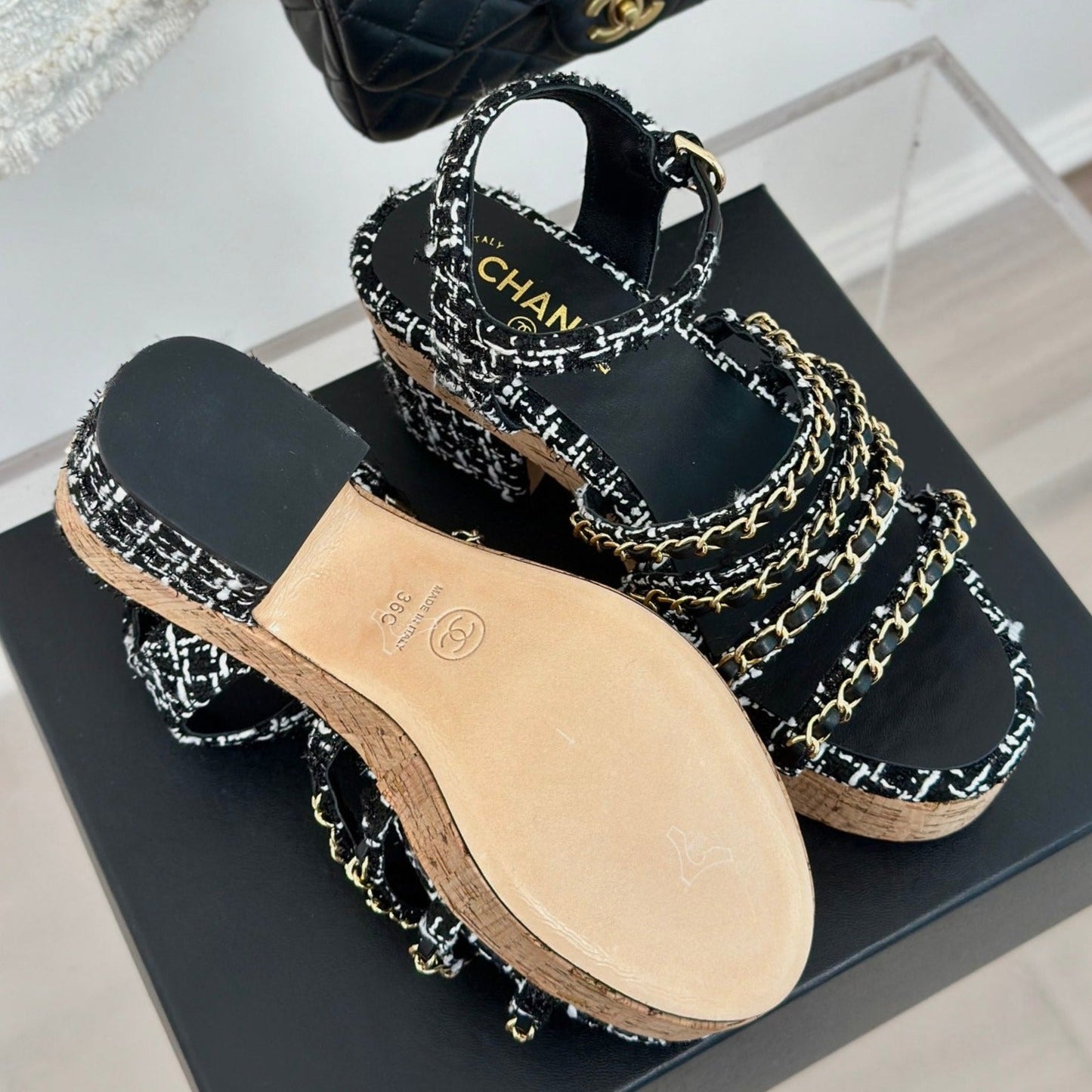 Double C Wooden Chain Platform Block Heel Sandals White Caro/ Black - 35