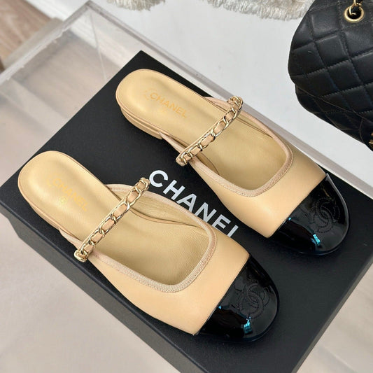 Double C Two-Tone Chain Mules Dark Cream Lambskin - 35