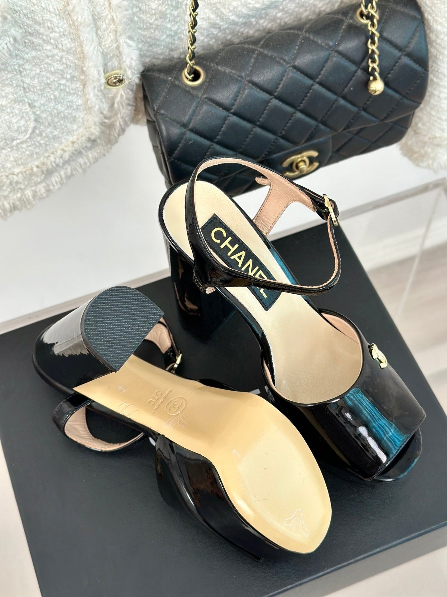 Double C High Heel Sandals Black Leather - 35