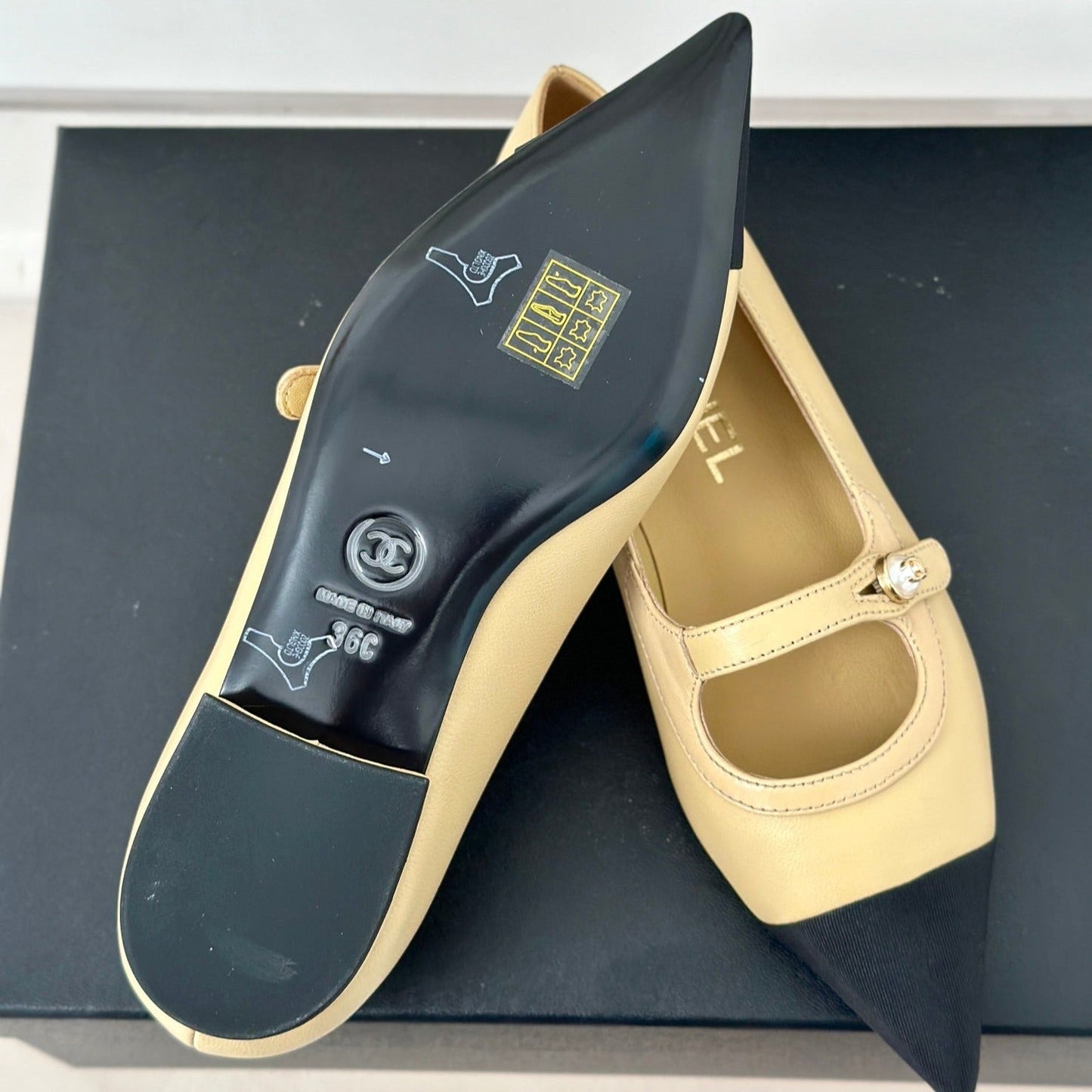 Double C Milan Runway Pointed Toe Mary Jane Shoes Dark Cream Black Lambskin - 35