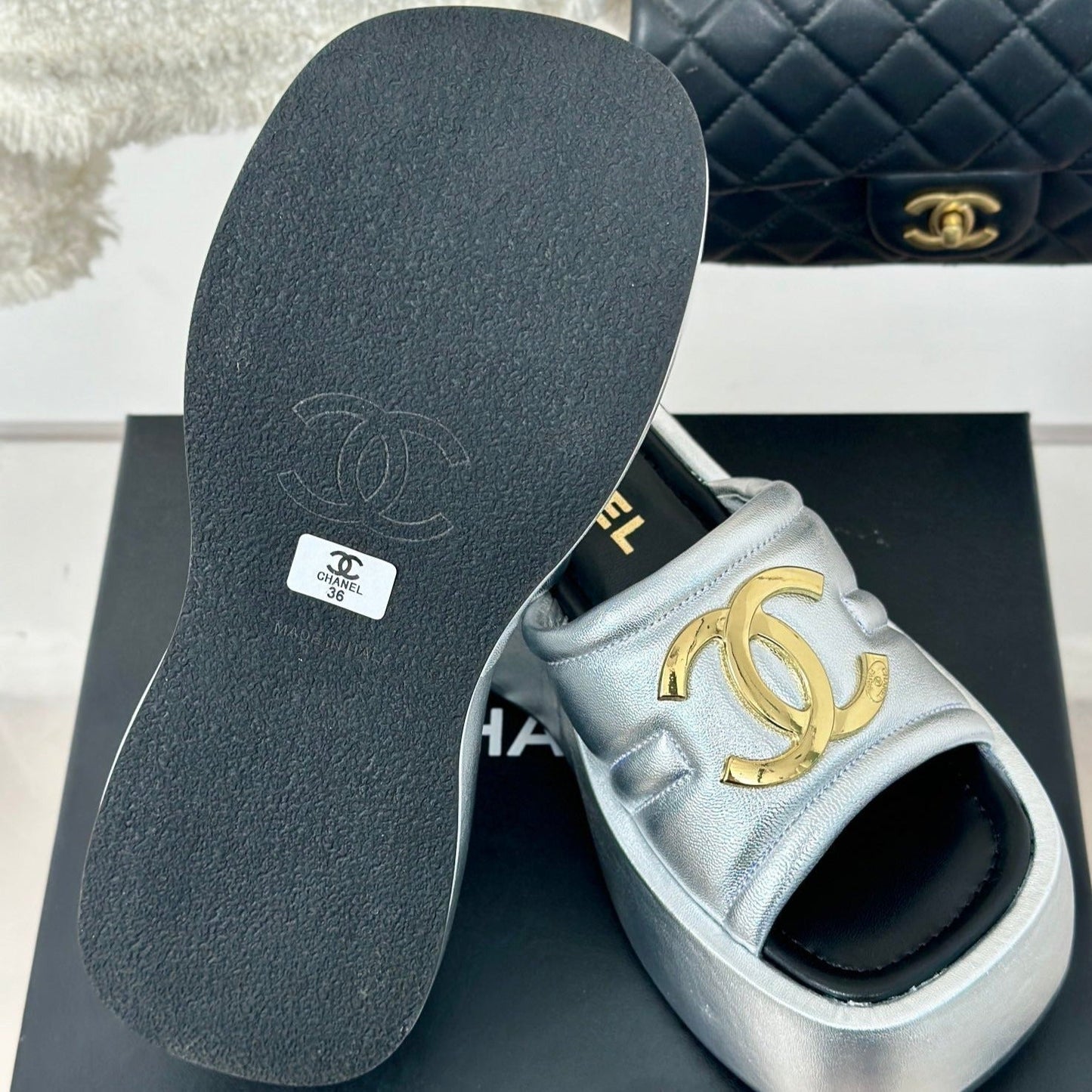 Large Double C Platform Slippers Silver - 35