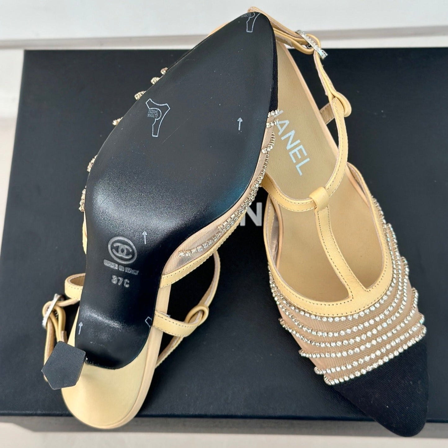 Crystal Flat High Heel Sandals Beige Cream - 35