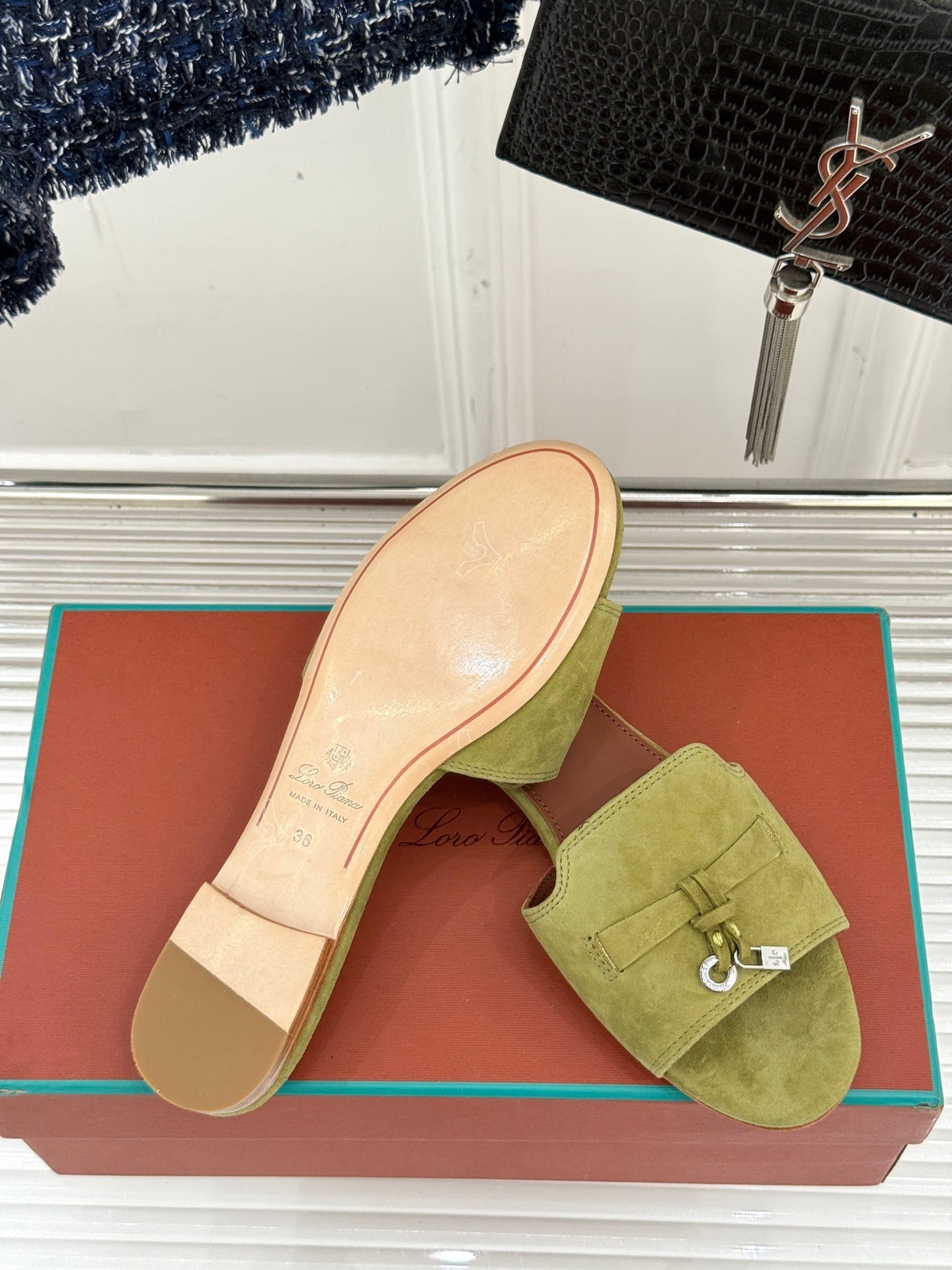 FLAT SANDALS IN MOSS YELLOW SUEDE AND LAMBSKIN - 35