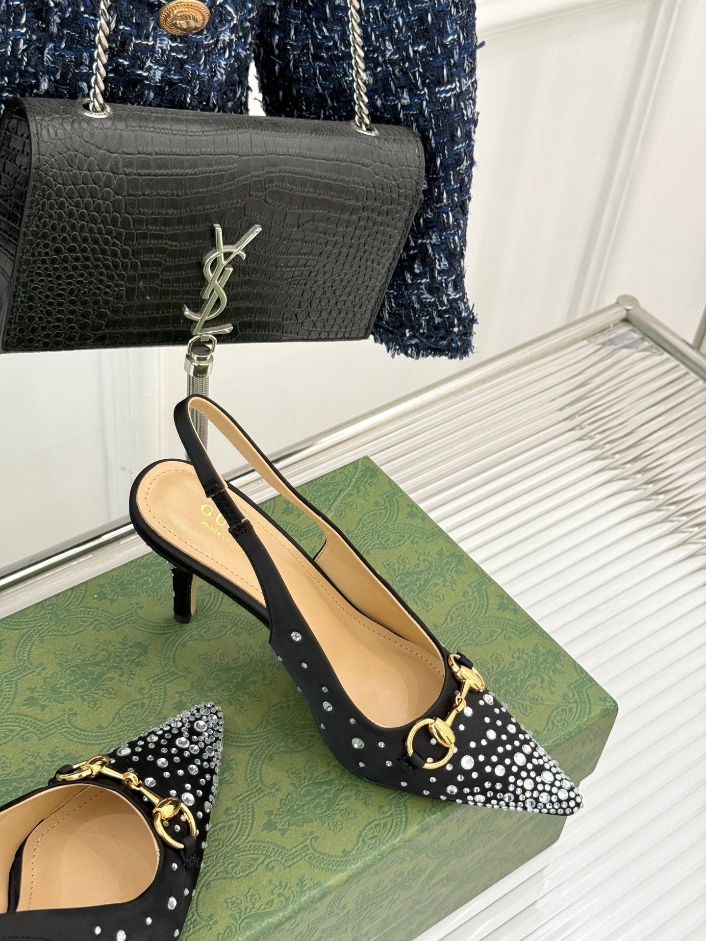 HIGH SLINGBACK 8.5 CM IN BLACK FABRIC WITH RHINESTONE EMBELLISHMENTS - 35