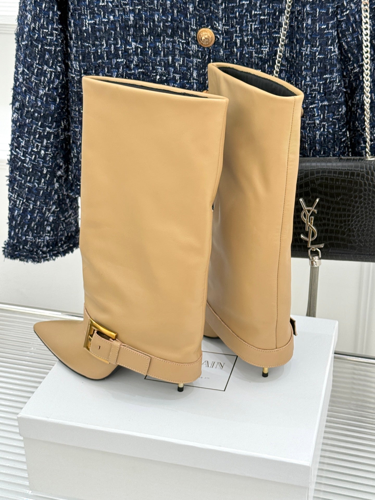 BALMAIN 25S ANTHEM BOOTS IN LIGHT CARAMEL CALFSKIN - 35