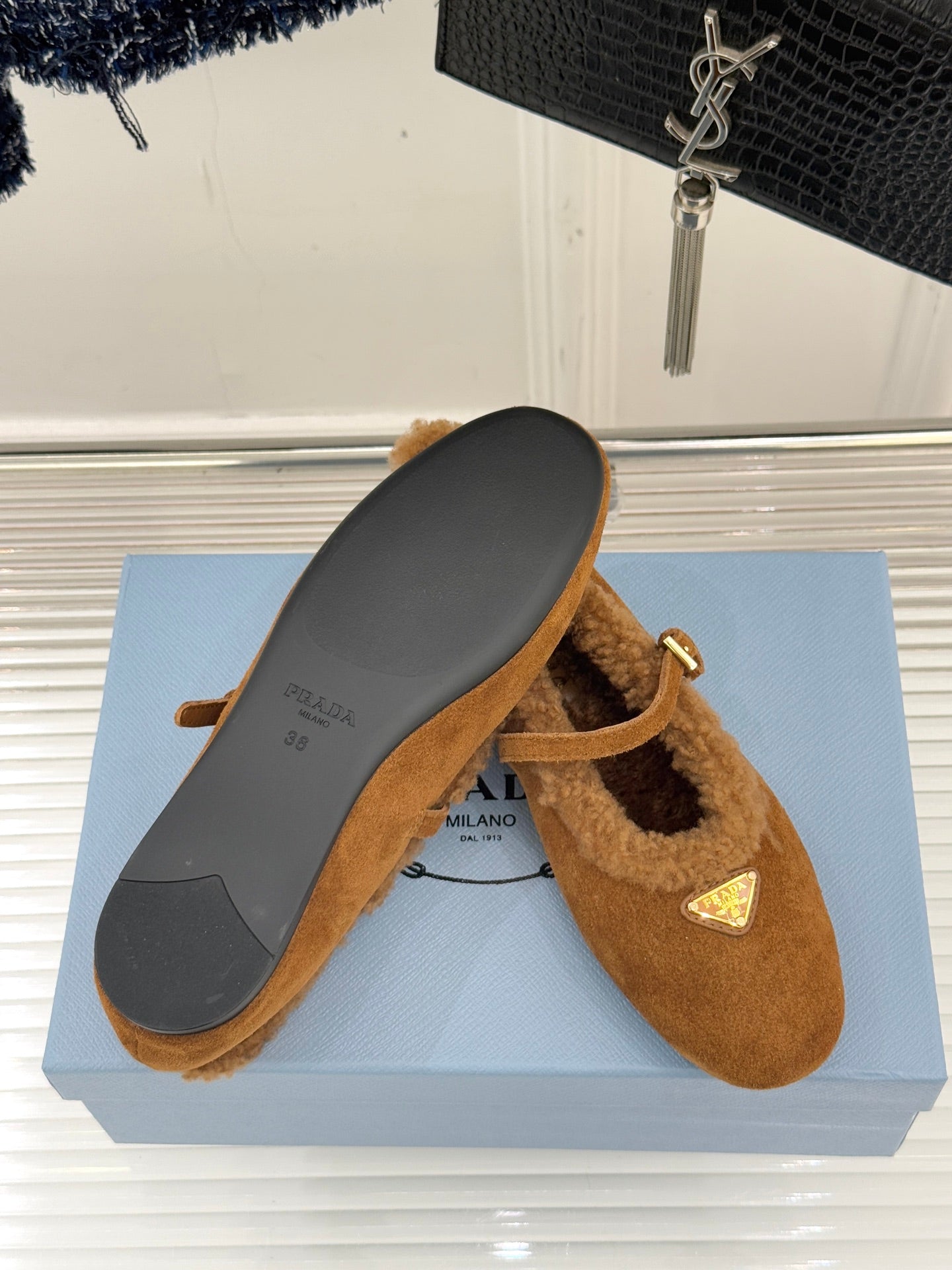PRADA 25S MARY JANE FLATS IN BROWN SUEDE WITH GOLD HARDWARE - 35