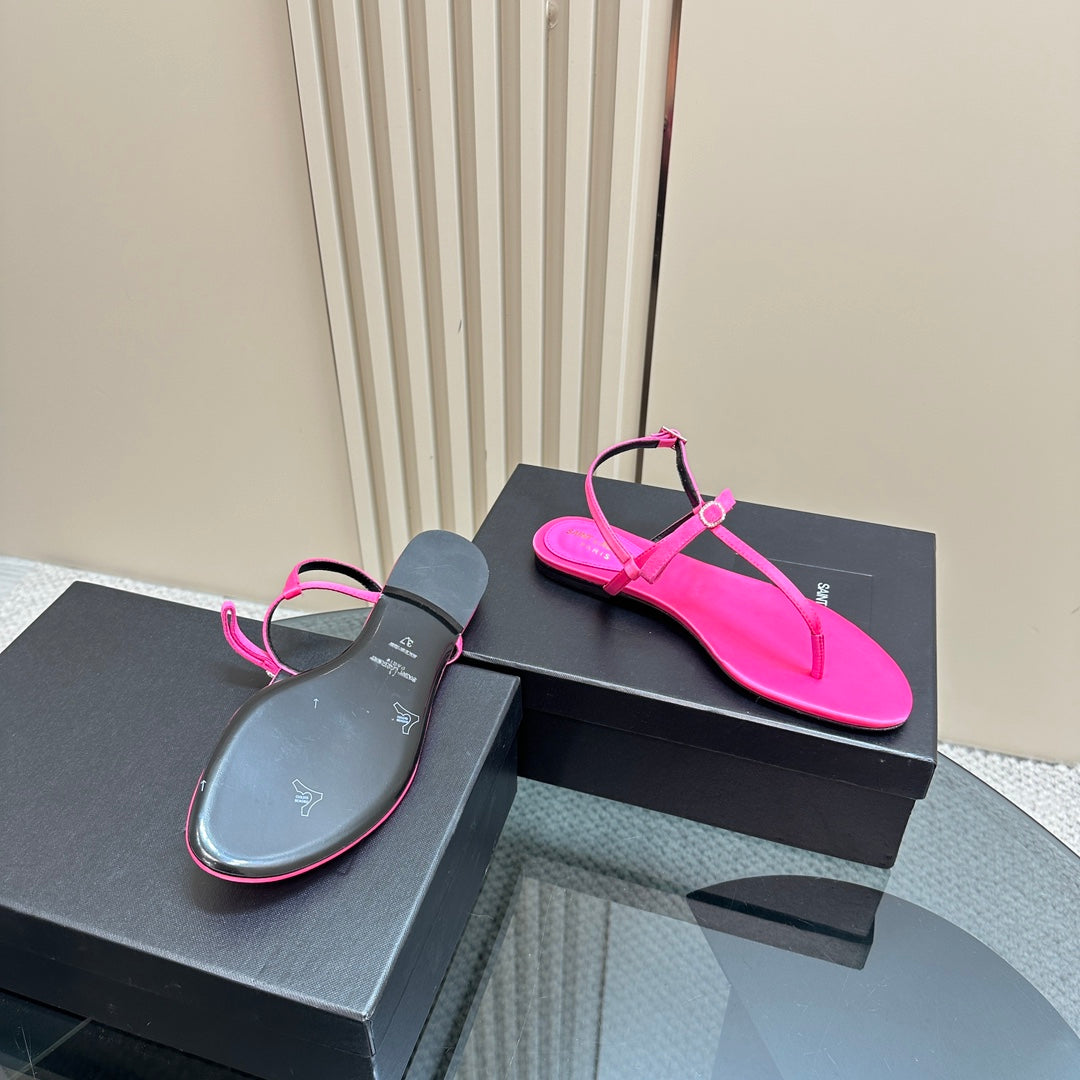 SL CRYSTAL T-STRAP FLAT SANDAL BRIGHT PINK SATIN - 35
