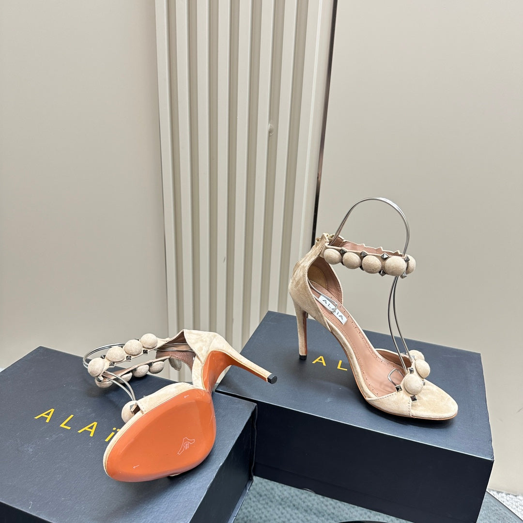 ALAIA HIGH HEEL SANDAL 10 CM IN BEIGE SUEDE - 35